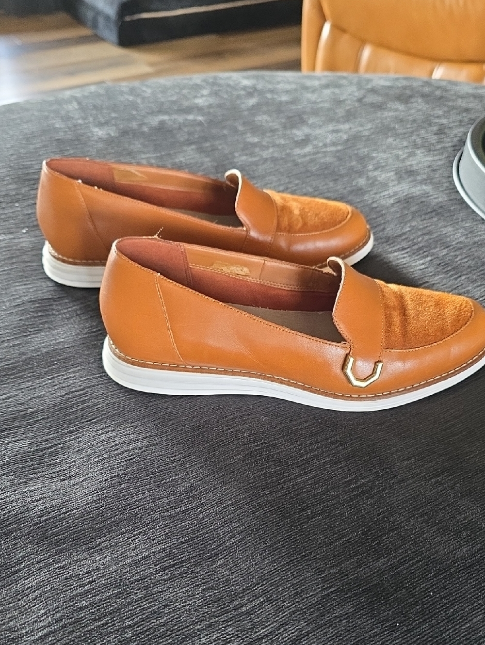 Cole Haan Women's Cognac Leather And Suede Slip-On Loafers Size 7